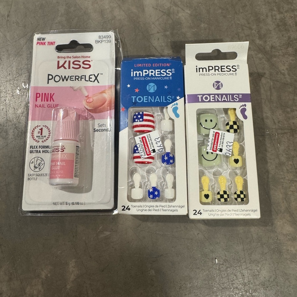 Trio of Kiss Pink Powerflex Nail Glue and 2 toe nail sets!Limited edition🇺🇸24ct😀